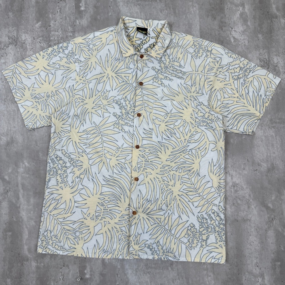 Vintage Breezin Hawaiian Shirt Mens Large Yellow Floral Single Stitch Button 70s